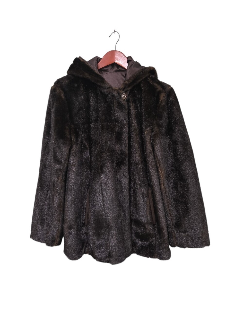 Anne Klein Faux Fur Chocolate Brown Hooded Coat Womens Large Mobwife Lux - Picture 2 of 11